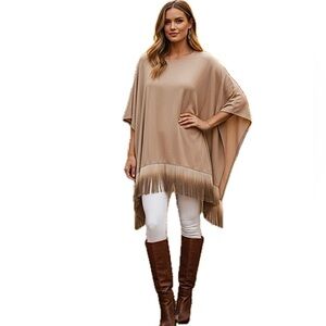 Chico's Travelers Classic Fringe Hem Poncho Taupe / Tan Top S / M